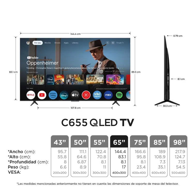 TV TCL 65" PULGADAS 165 CM 65 C655 ADVANCED 4K-UHD QLED SMART TV GOOGLE
